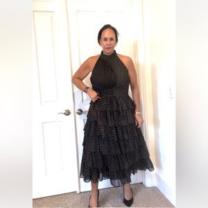 MacDuggal Black & Gold fun, flirty tiered cocktail dress.